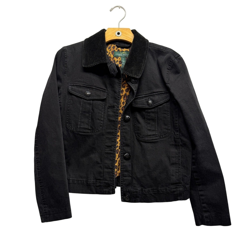 Lauren Jeans Co Ralph Lauren Denim Jacket Leopard Lining Medium Black Womens